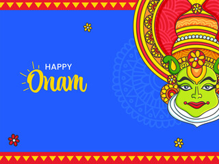 Happy Onam Celebration Concept With Kathakali Dancer Face On Blue And Red Background.
