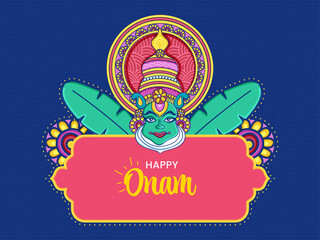 Happy Onam Celebration Poster Design With Kathakali Dancer Face And Banana Leaves On Blue Background.