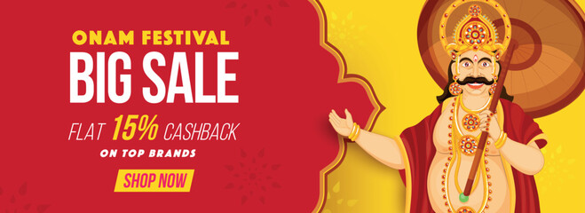 Onam Festival Big Sale Banner Or Header Design With Cheerful King Mahabali On Red And Yellow Background.