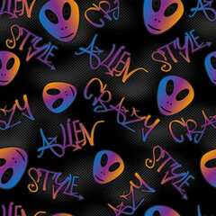 Abstract seamless pattern with bright aliens, graffiti text.