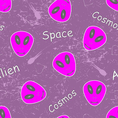 Abstract seamless pattern for cool girls with pink aliens and text on grunge texture.