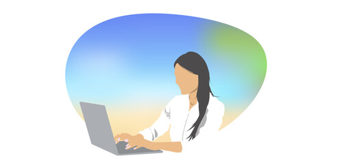 Flat graphic vector illustration. A woman working on a laptop at her desk on blurred out-of-shape frame. 