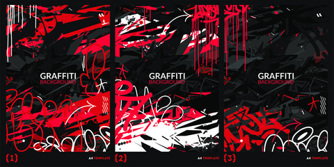 Dark Black Red And White Abstract Flat Urban Street Art Graffiti Style A4 Poster Vector Illustration Art Template Background Set - obrazy, fototapety, plakaty
