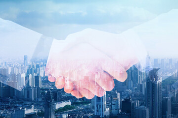 Successful negotiations and handshake concept, two businessmen shake hands with partner to celebrate partnership and teamwork, business deal. Banner, flyer, website design and web publishing.
