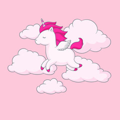 Happy unicorn flying in the sky surrounded by clouds 

