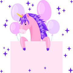 Unicorn blank card or invitation design. Pink unicorn with purple mane holding blank sign board, colorful balloons and stars behind. Vector illustration. 