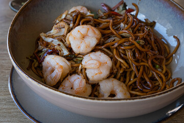 Noodles with Vegetables and Shrimp. Close up