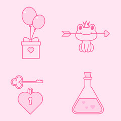 Set of Valentine's Day icons. Gift box with balloons, frog with an arrow, heart lock with a key, magic potion bottle. Vector art