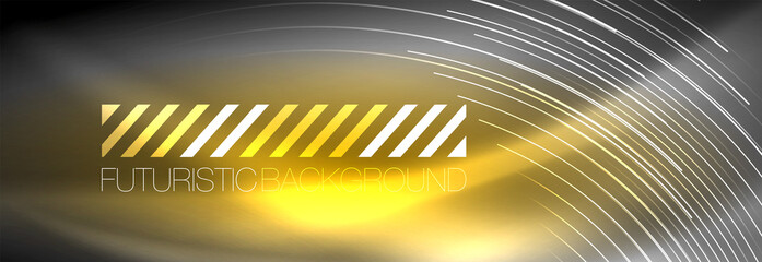 Neon glowing lines, magic energy and light motion background. Vector wallpaper template