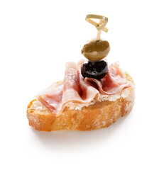 Tasty bruschetta with prosciutto and olives on white background
