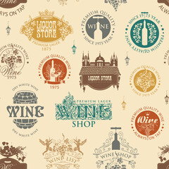 Seamless pattern on a theme of wine and liquor stores. Colored vector background with wine labels, logos, signs on a light backdrop in retro style. Suitable for Wallpaper, wrapping paper, fabric