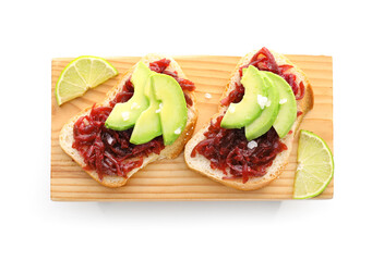 Tasty bruschettas with beet and avocado on white background