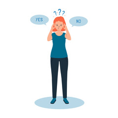 The girl feels a sense of doubt, it is difficult for her to make the right choice, yes or no. The concept of cognitive dissonance. Vector illustration of character and question marks.