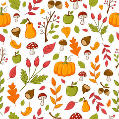 Autumn pattern with pumpkin, apples, pears, chestnuts and rowan. For wrapping paper, background, wallpaper, textile, fabric
