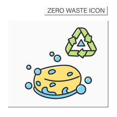 Eco sponge color icon. Bubbly soap bar or organic loofah sponge with recycling. Concept of ecology-friendly zero waste dishes washing and householding. Isolated vector illustration