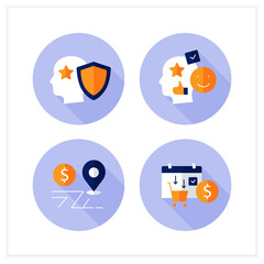 Asset management flat icons set. Financial resources. Intellectual property,accounting goodwill, assets expected life cycle,purchase date.Business concept. Vector illustration