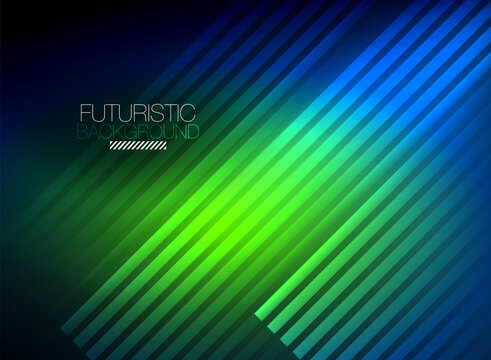 Bright neon color techno abstract background, shiny glowing neon lines in the dark background