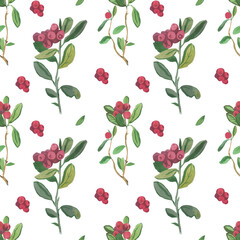 Lingonberry watercolor seamless pattern on white background.Bright fall,Christmas minimalist prints with cranberries.Designs for wrapping paper,scrapbook paper,packaging,social media,textiles,fabric.
