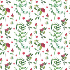 Lingonberry watercolor seamless pattern on white background.Bright fall,Christmas minimalist prints with cranberries.Designs for wrapping paper,scrapbook paper,packaging,social media,textiles,fabric.