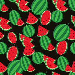 Seamless pattern with the image of many watermelons on a black background.