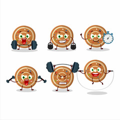 A healthy gingerbread round cartoon style trying some tools on Fitness center