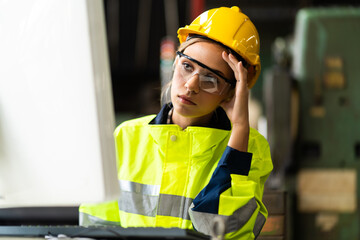 Female Quality control inspector checking workers at factory. Woman engineer with yellow hard hat...