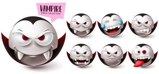 Smileys vampire emoji vector set. Smiley emojis halloween mascot character icon collection isolated in white background for graphic design elements. Vector illustration - obrazy, fototapety, plakaty
