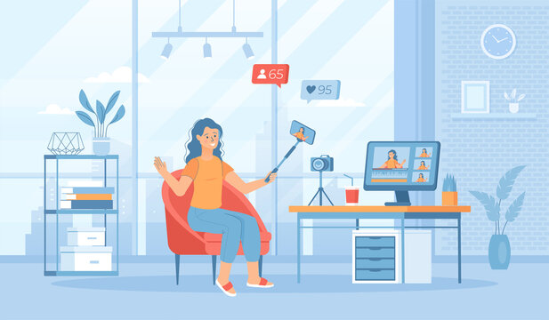 Video blogging, broadcasting, live streaming. Young woman shoots video on phone using selfie stick. Flat cartoon vector illustration with people characters for banner, website design or landing page.