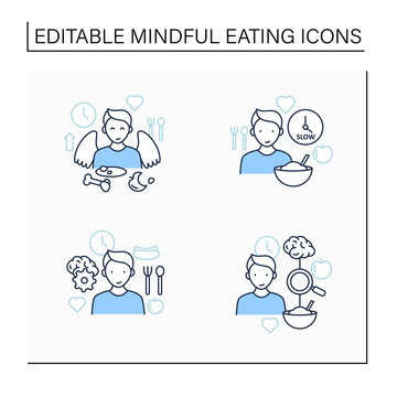 Mindful Eating Line Icons Set.Conscious, Intuitive Nutrition. Eating Slowly, Satisfied Feeling.Mealtimes Concept. Isolated Vector Illustration.Editable Stroke