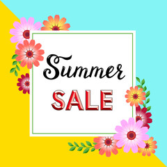 Summer sale flyer template with lettering. Colorful background with flowers. Poster, card, label, banner design. Effect 3d letters. Vector illustration EPS10