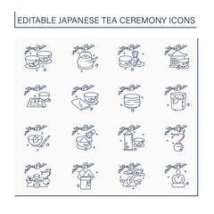 Japanese tea ceremony line icons set. Japanese ethnic and national ritual. Japan ancient tradition. Tea ceremony concept.Isolated vector illustrations.Editable stroke