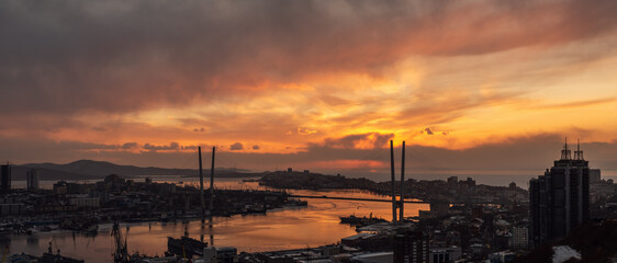City skyline at the sunset. Golden hour.