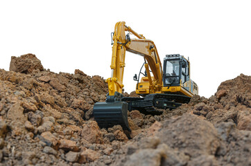 Obraz premium Excavator loader is digging in the construction site work isolated on white background