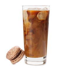 Glass of ice coffee with macaroon on white background