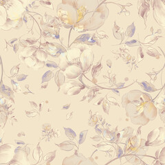 Fototapeta premium Watercolor seamless pattern of light flowers. Plain background. Beautiful print for decoration of textiles and design. Art drawing. Paints, paper, pencil, graphic, pastel. 