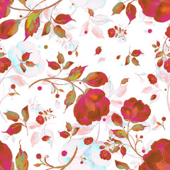 Watercolor seamless pattern of light flowers. Plain background. Beautiful print for decoration of textiles and design. Art drawing. Paints, paper, pencil, graphic, pastel. 