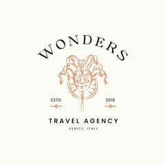 Hand drawn line art minimal travel vector logo design template. Illustration of elegant signs and badges for travel agency, tour operator, photographer, travel blogger.