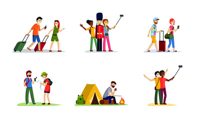 Fototapeta premium Tourist travel and hiking set. Man and woman walk with bags and tickets take selfie with british guardsman have lunch campfire near tent orienteer using map. Vector cartoon lifestyle.