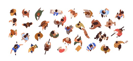 Top view of people going with phones, walking with dogs, standing, sitting and meeting. Overhead set of man and woman. Person in motion above. Flat vector illustration isolated on white background