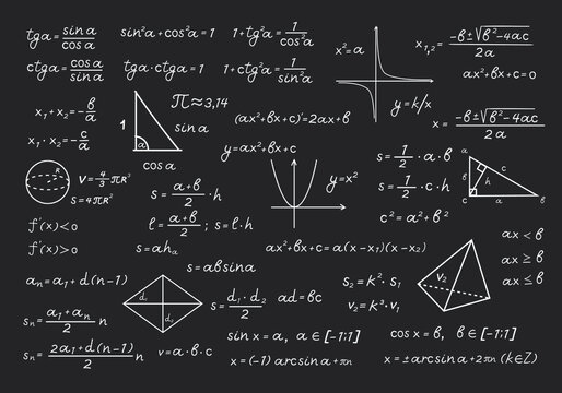 Chalkboard in mathematical formulas and calculations illustration. Algebraic computation with chalk geometric drawings basic equations and theorems school and university. Vector education.