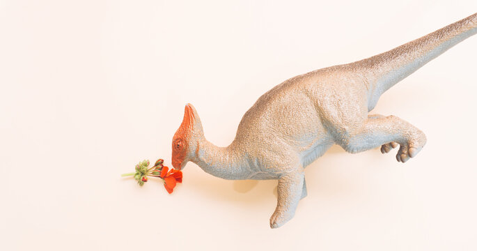 Modern arrangement of hungry dinosaur eating red flower
