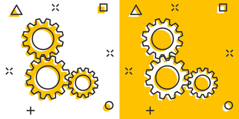 Cartoon gear icon in comic style. Gearwheel illustration pictogram. Cogwheel splash business concept.