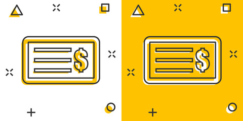 Cartoon money check icon in comic style. Bank checkbook illustration pictogram. Checkbook sign splash business concept.