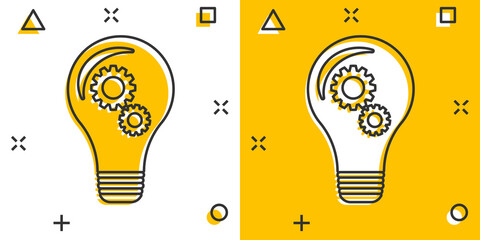 Cartoon light bulb with gear icon in comic style. Idea illustration pictogram. Lamp sign splash business concept.