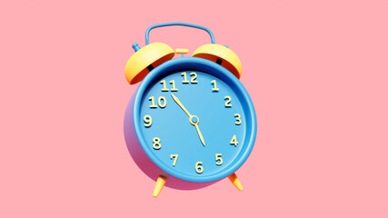 Blue alarm clock on pink background