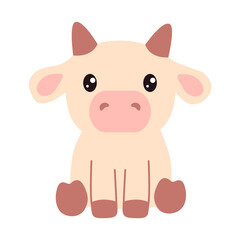 Cute cow, farm animal is isolated on white background. Vector Illustration for children with a seated calf