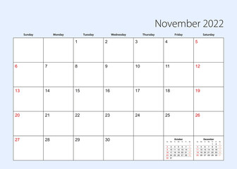 Wall calendar planner for November 2022. English language, week starts from Sunday.