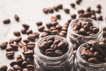 Coffee beans with textured background stock image.