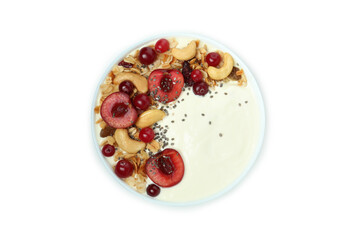 Bowl of tasty yogurt isolated on white background