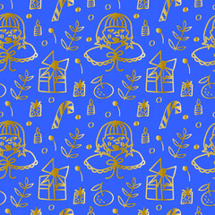Vector seamless pattern royal blue and gold digital paper hand drawn. Christmas minimalist print doodle style .Design for wrapping paper, scrapbook paper,packaging, social media, textiles, fabric.